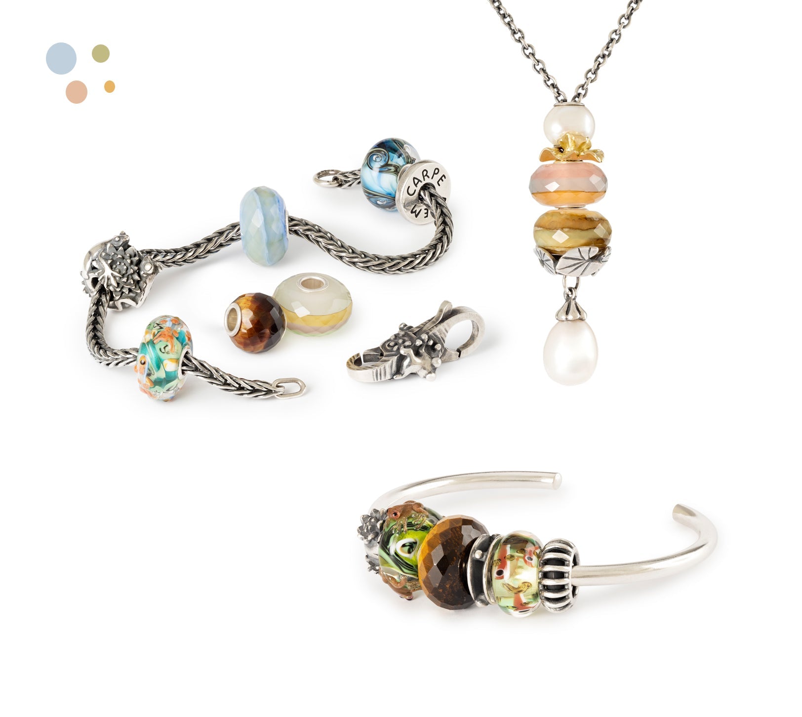 Carpe Diem hotspot images with necklace, bracelet and bangle. Trollbeads Spring collection 2025.